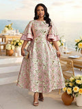 Image 4 - fabric detail of Elegant Plus Size Coral Pink Floral Midi Dress with Flounce Sleeves - Perfect for Weddings and Parties