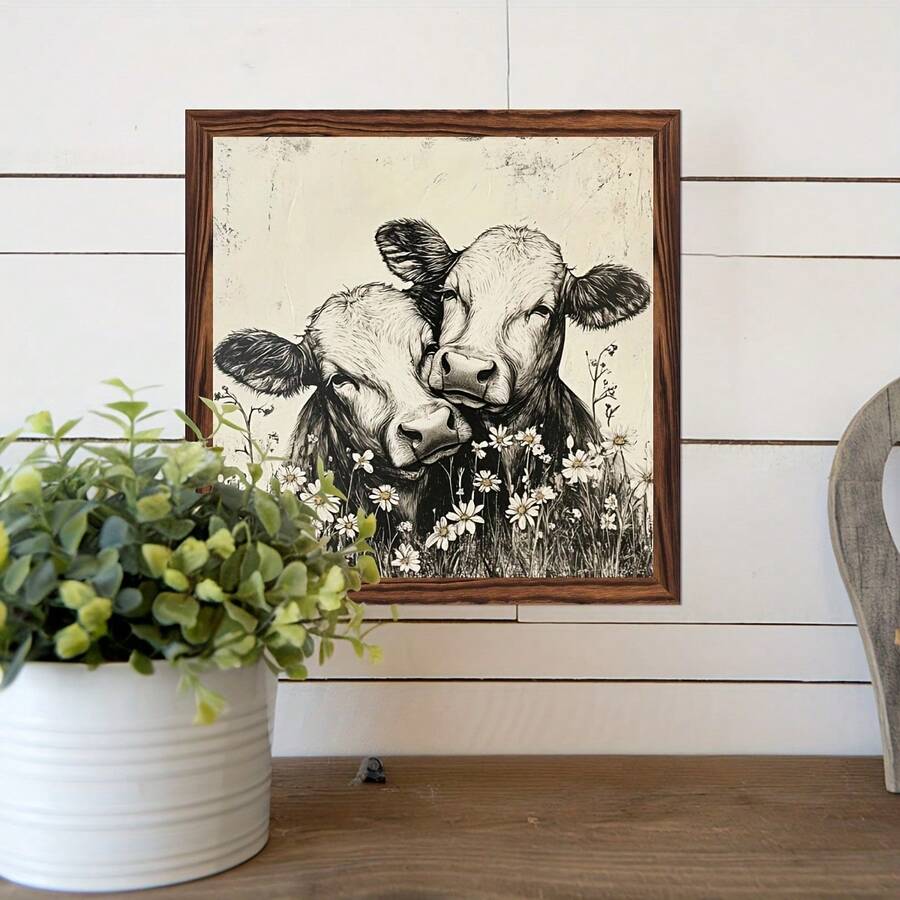 Square cow sketch wall art on aged cream background