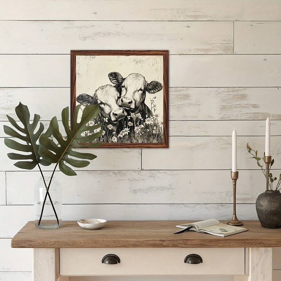 Farmhouse shelf decor with plants candles books and cow art