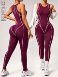 seamless sleeveless full length sports jumpsuit with high neck back zipper and contrast contour piping image 8