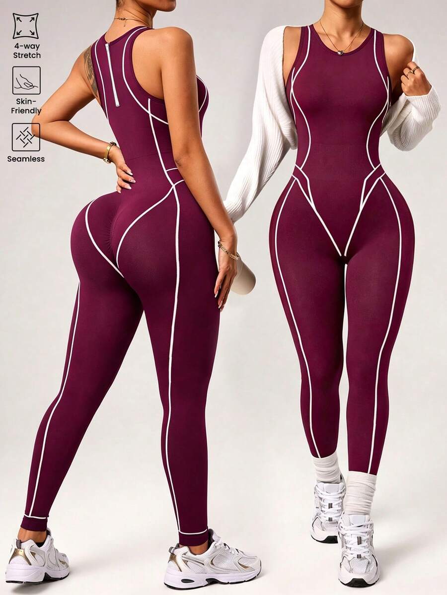 seamless sleeveless full length sports jumpsuit with high neck back zipper and contrast contour piping image 8