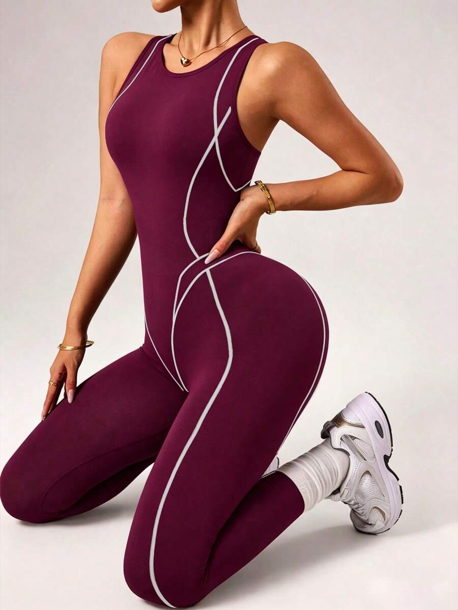 seamless sleeveless full length sports jumpsuit with high neck back zipper and contrast contour piping image 9