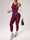 seamless sleeveless full length sports jumpsuit with high neck back zipper and contrast contour piping image 10