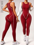 seamless sleeveless full length sports jumpsuit with high neck back zipper and contrast contour piping image 11