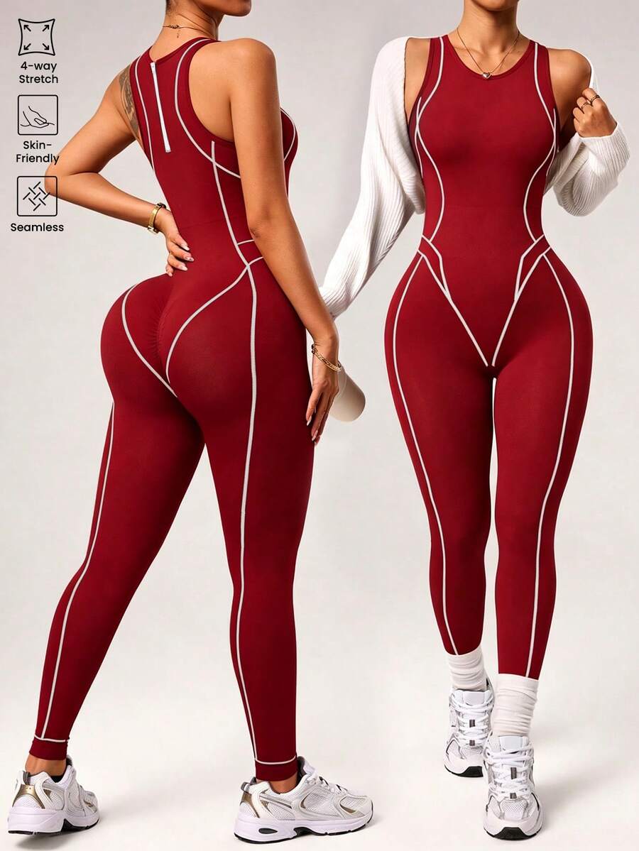 seamless sleeveless full length sports jumpsuit with high neck back zipper and contrast contour piping image 11