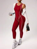 seamless sleeveless full length sports jumpsuit with high neck back zipper and contrast contour piping image 12