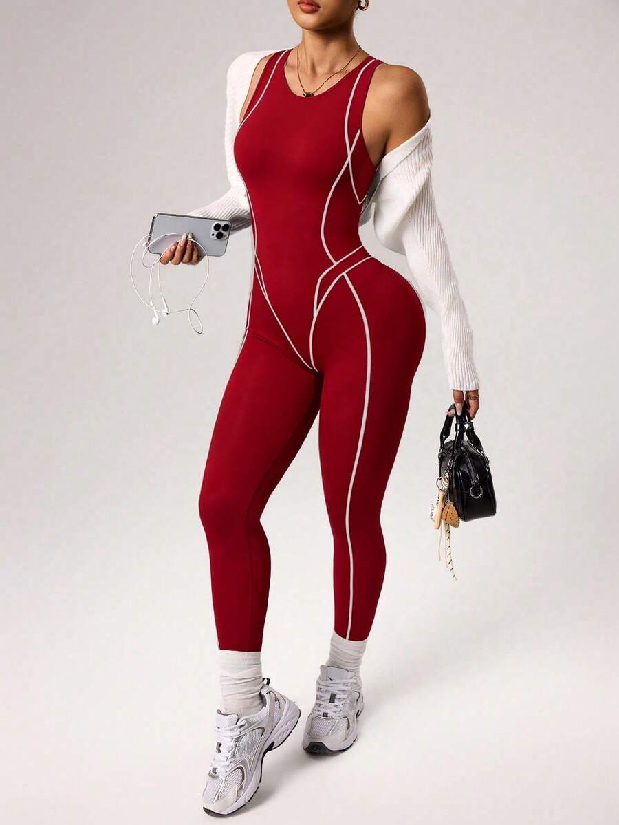 seamless sleeveless full length sports jumpsuit with high neck back zipper and contrast contour piping image 12