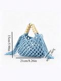 Light blue crochet handbag with open lattice body wooden bead handles and side tassels on white background