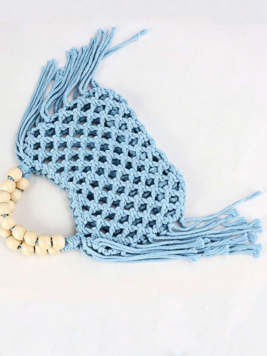 Light blue breathable vacation mesh handbag showing 21 cm width 15 cm height and 3 cm depth