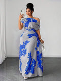 Print detail of Plus Size Green Floral Print Ruched Waist Slit Shoulder Dress for Casual Vacations