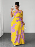 Color option view of Plus Size Green Floral Print Ruched Waist Slit Shoulder Dress for Casual Vacations