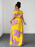 Waist detail of Plus Size Green Floral Print Ruched Waist Slit Shoulder Dress for Casual Vacations