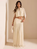 Back view of Chic Apricot Two-Piece Set: Elegant Top and Skirt for Fashionable Women for women styling