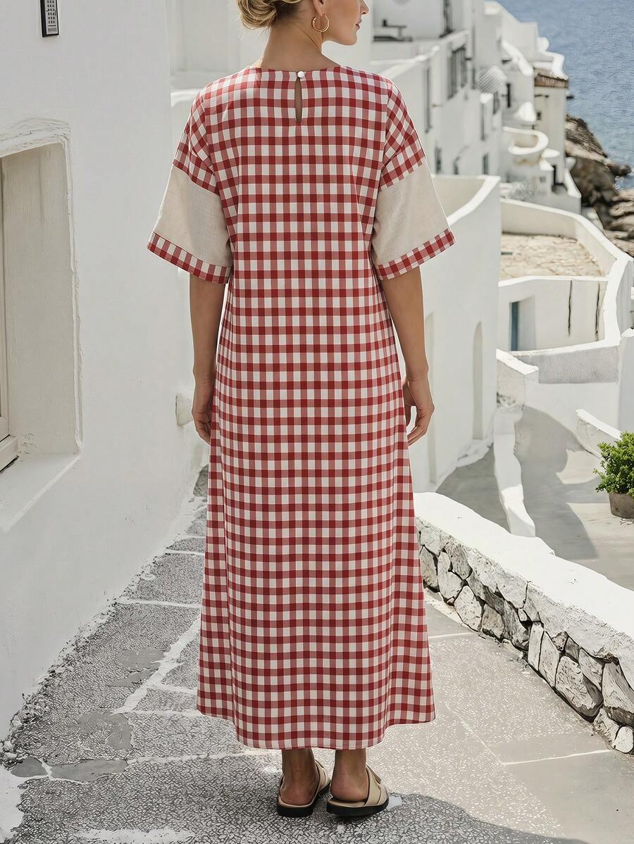 Beige red plaid linen look maxi dress front view