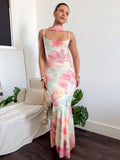 Full front view of cream watercolor floral maxi dress with fitted silhouette