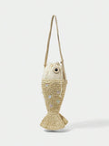 Natural raffia fish novelty bag showing black eye patch and sequin scales