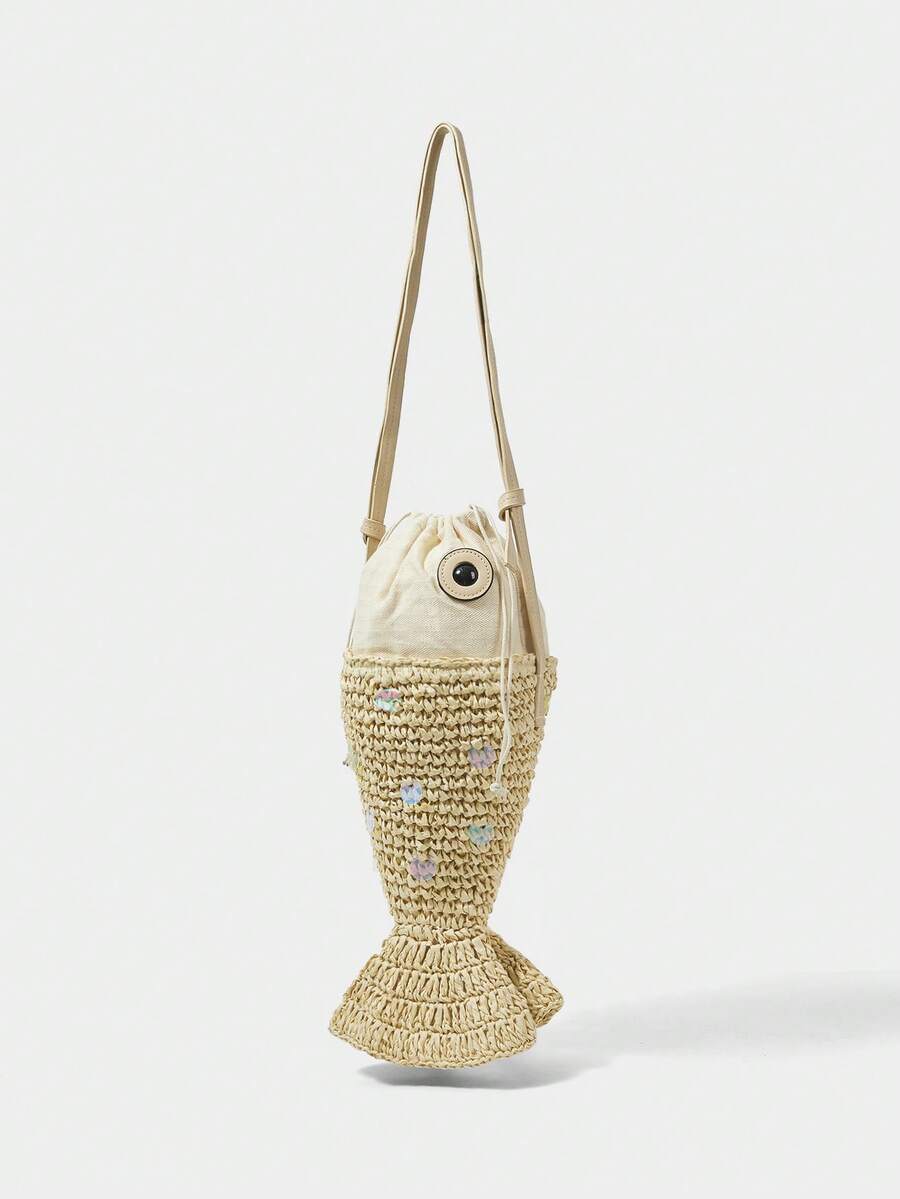 Natural raffia fish novelty bag showing black eye patch and sequin scales