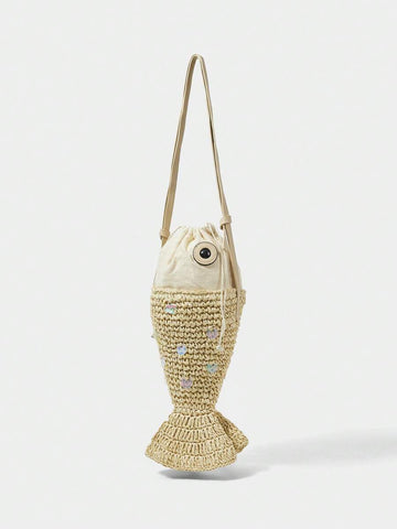 Natural raffia fish novelty bag showing black eye patch and sequin scales