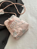 Close-up detail of Chic Summer Embroidered Pearl Phone Bag – Stylish Casual Crossbody for Women in Pink color