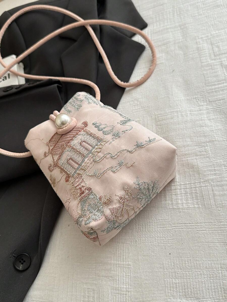 Close-up detail of Chic Summer Embroidered Pearl Phone Bag – Stylish Casual Crossbody for Women in Pink color