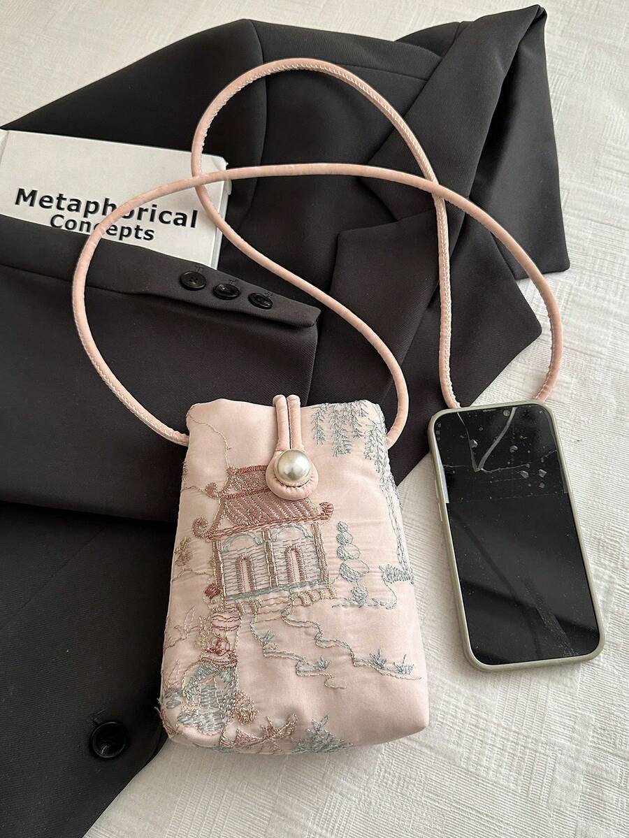 Side profile of Chic Summer Embroidered Pearl Phone Bag – Stylish Casual Crossbody for Women in Pink color