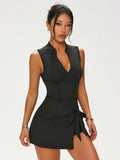black half zip sleeveless wrap skort mini sports dress with side tie and built in shorts image 2