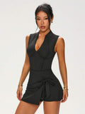 black half zip sleeveless wrap skort mini sports dress with side tie and built in shorts image 3