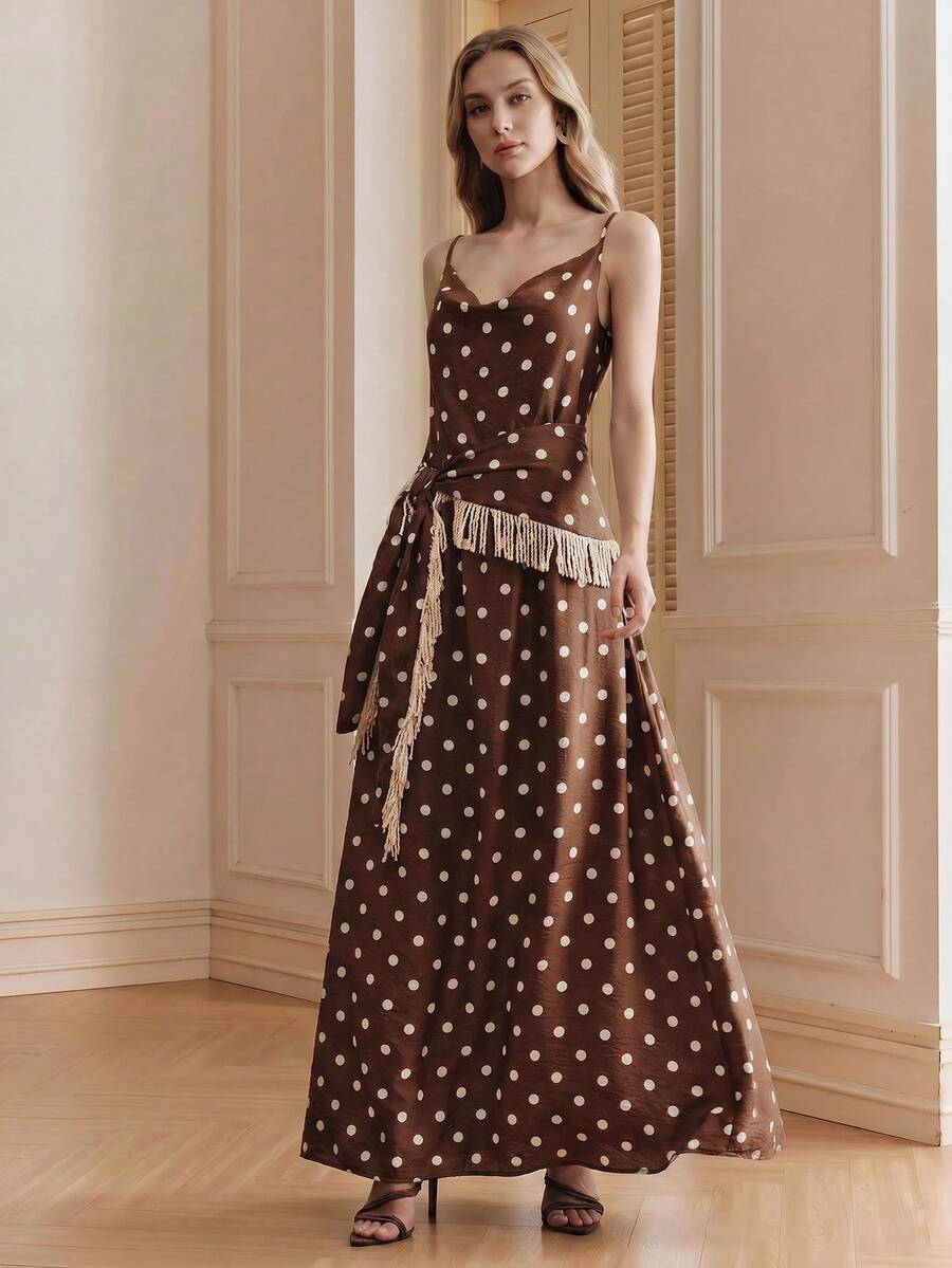 Polka dot maxi dress in chocolate brown chiffon