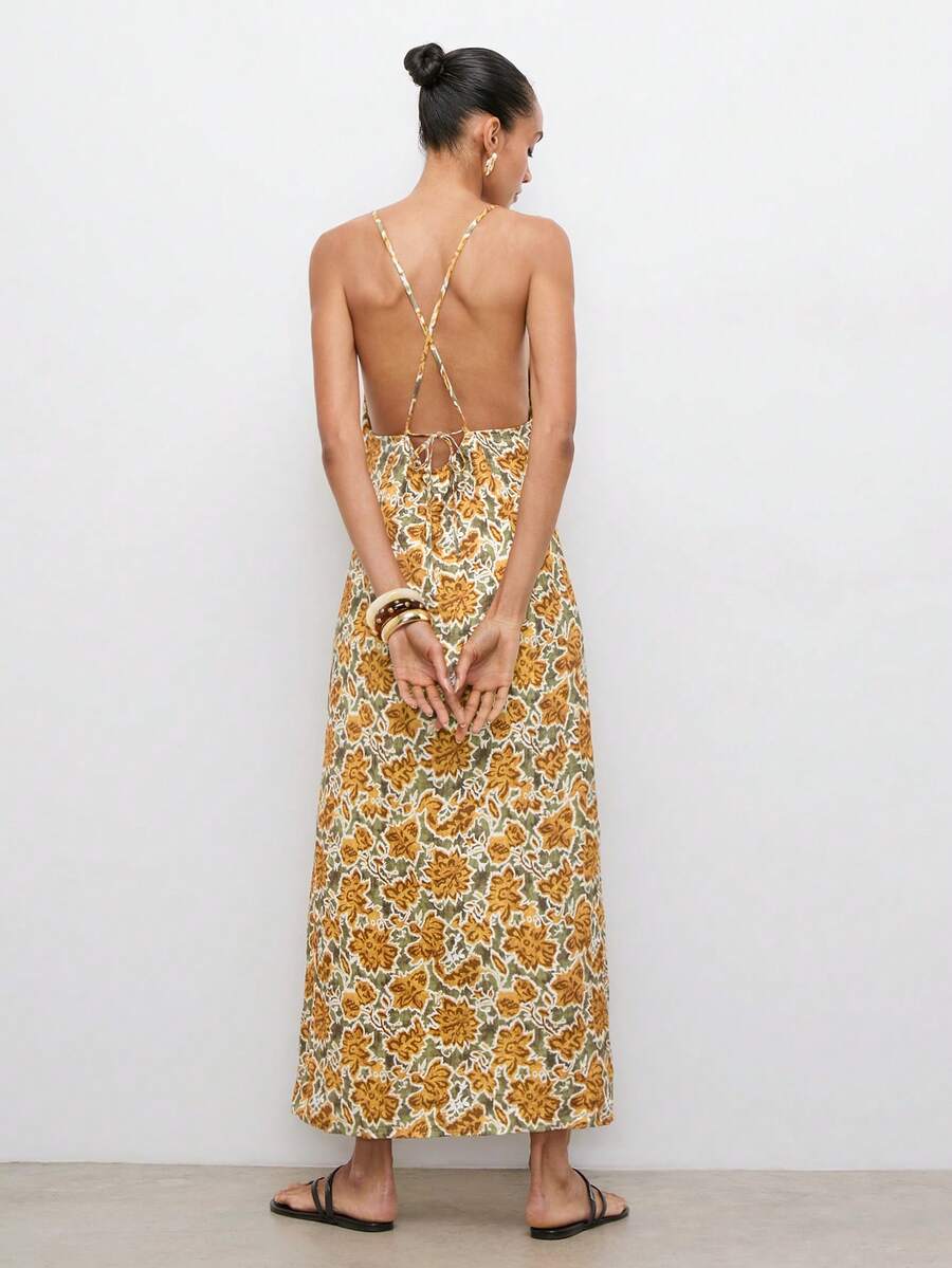 Chic Floral Print Spaghetti Strap Midi Dress for Effortless Vacation Style