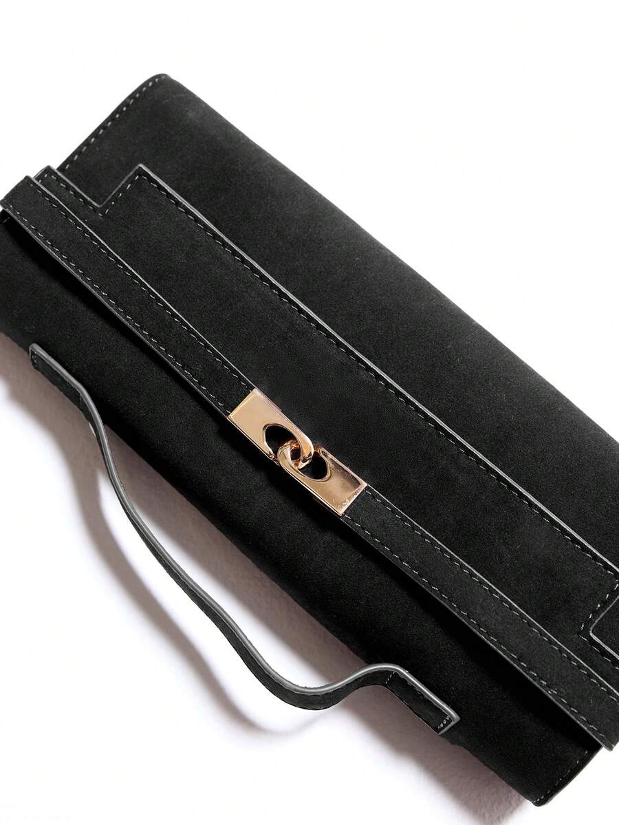 Black square clutch bag with diagonal strap band and gold clasp