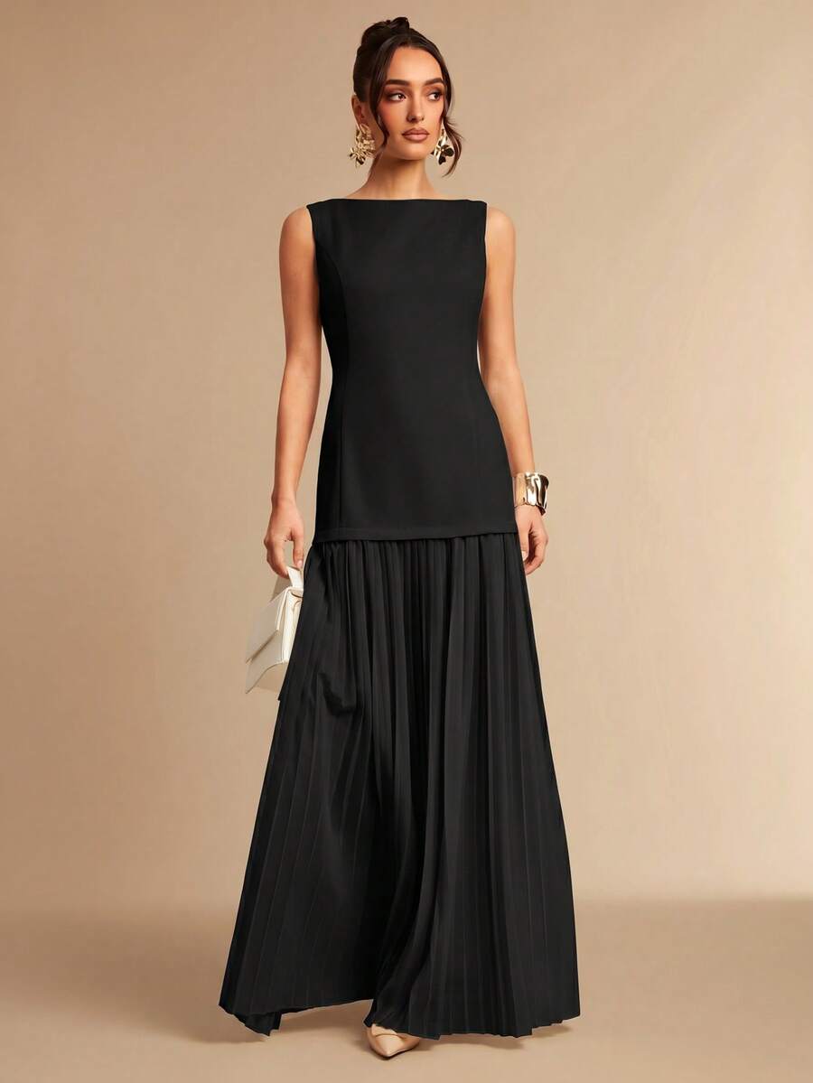 Sleeveless Pleated Maxi Dress with Deep V Back for Dinners and Events image 1 showing visible color, silhouette, and dress detail