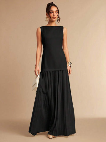 Sleeveless Pleated Maxi Dress with Deep V Back for Dinners and Events image 1 showing visible color, silhouette, and dress detail