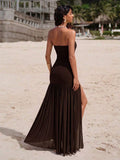 18 media show strapless maxi beach dress with bandeau neckline, bodycon drop waist, high slit, flowing sheer gathered skirt, variants orange floral, butter yellow, chocolate, burgundy, leopard, pink mixed print. image 8