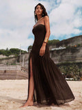 18 media show strapless maxi beach dress with bandeau neckline, bodycon drop waist, high slit, flowing sheer gathered skirt, variants orange floral, butter yellow, chocolate, burgundy, leopard, pink mixed print. image 9