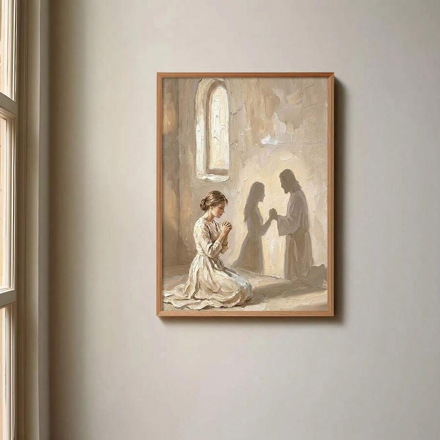 Framed vertical Jesus and prayer canvas wall art in a softly lit room