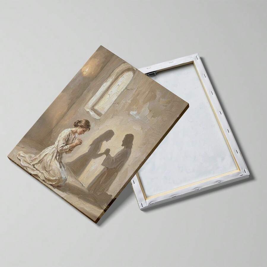 Christian prayer canvas front and back showing the kneeling woman artwork and stretcher frame