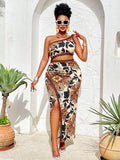Plus size tropical floral bodycon two-piece set in sunlit setting