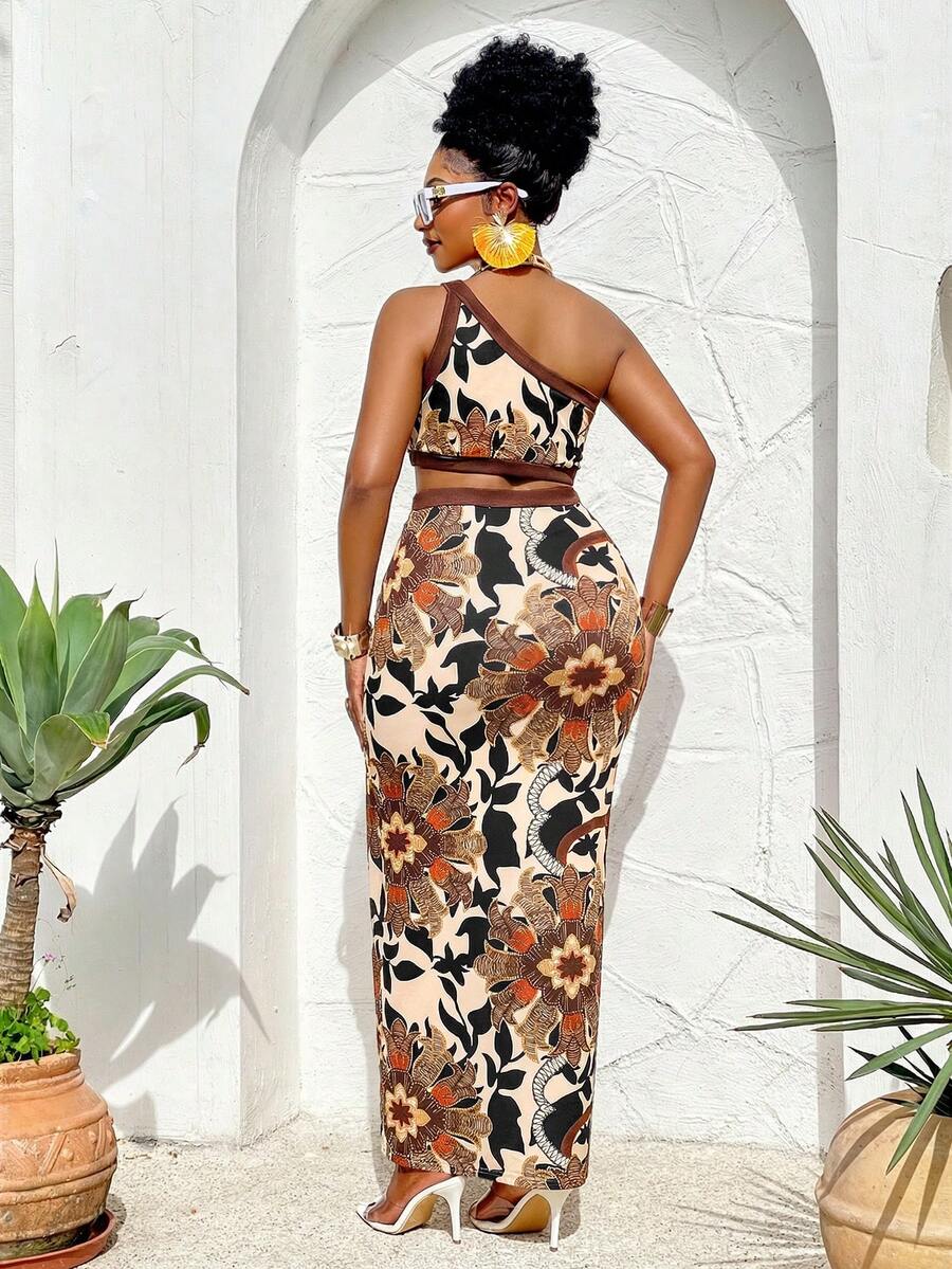 Plus size tropical floral one-shoulder crop top and slit midi skirt set