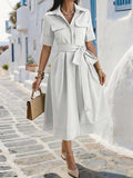 Front view of olive green collared belted midi dress