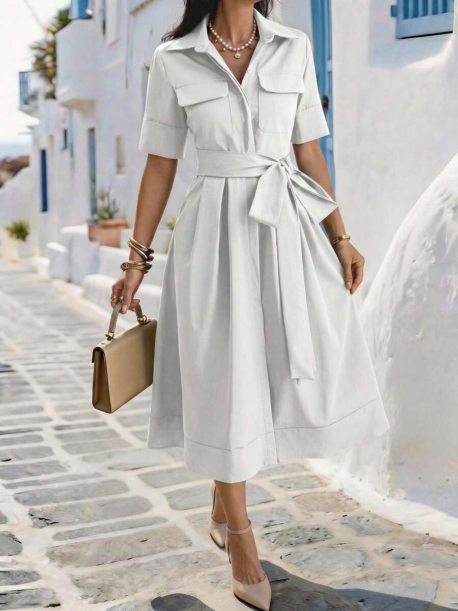 Front view of olive green collared belted midi dress