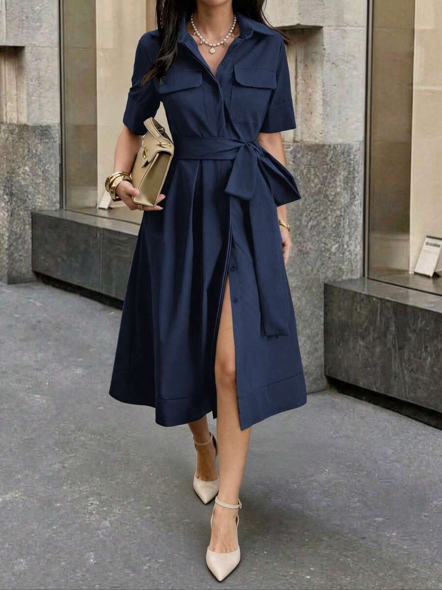 Navy blue belted A-line midi dress with chest pockets