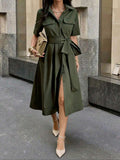 Front view of burgundy collared belted midi dress