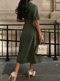 Olive green pleated A-line midi dress with belt