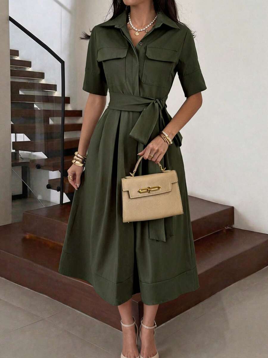 Back view of olive green short sleeve button front dress