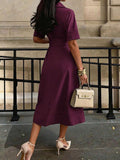 Burgundy belted button front midi dress with chest pockets