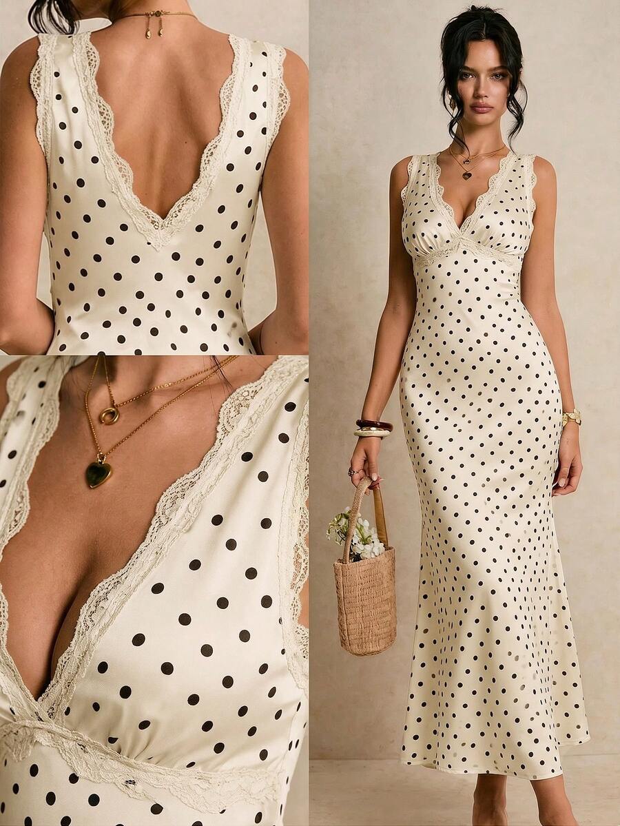 Color view 1 of polka dot lace trim satin V-neck maxi dress with low back and fitted slip silhouette