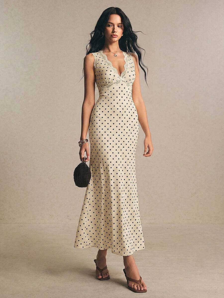 Color view 1 of polka dot lace trim satin V-neck maxi dress with low back and fitted slip silhouette
