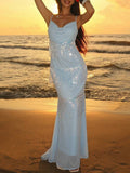 4 media show light baby blue spaghetti strap cowl neck maxi dress with sheer overlay, tiered iridescent fringe, fitted body, open back zipper, floor length, formal evening party identity. image 2
