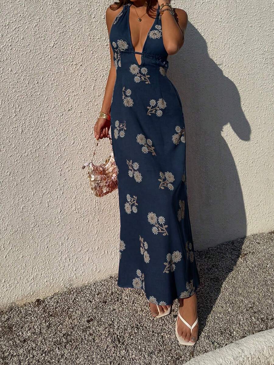 Pale yellow halter dress with botanical print