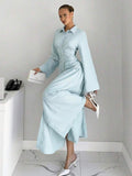 Elegant Pleated Waist Long Dress with Lapel Collar for Office & Brunch